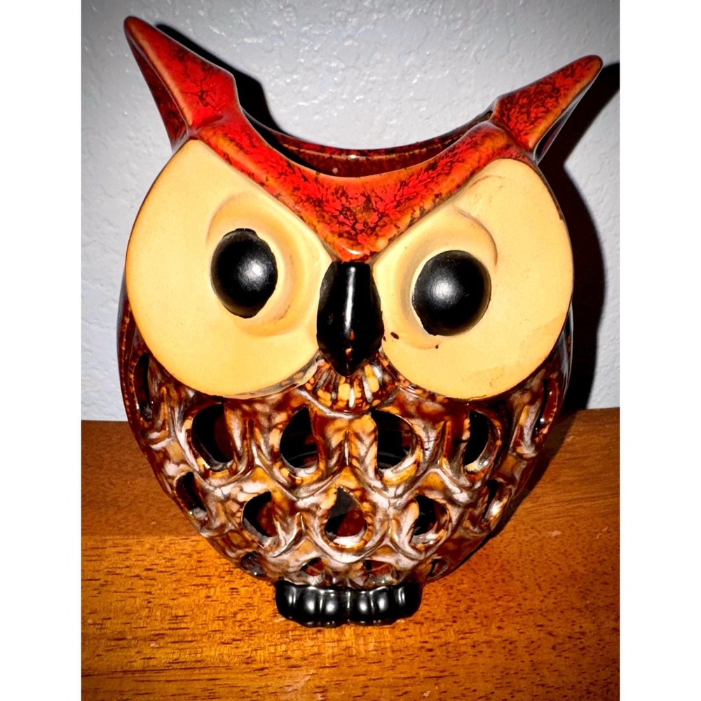 Vintage Ceramic Owl Candle Holder Lantern Red Brown Glazed Tabletop Decor
